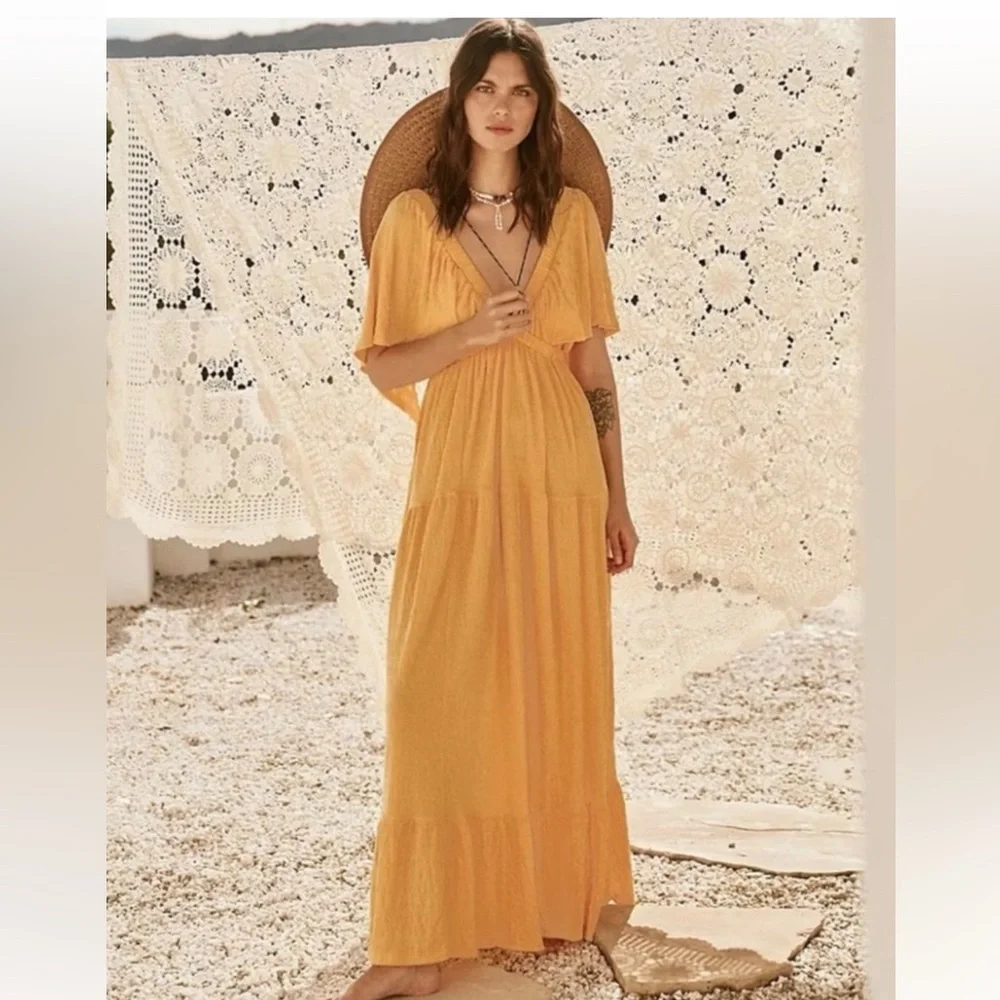 Free People Beach LaLa Maxi Dress Bird of Yellow Boho NWT Small - Picture 9 of 10